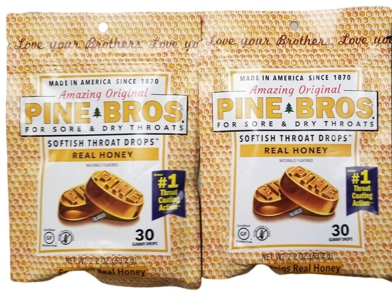 PINE BROS Throat Drops REAL HONEY 30 Gummy Drops ( 2 pack ) __
