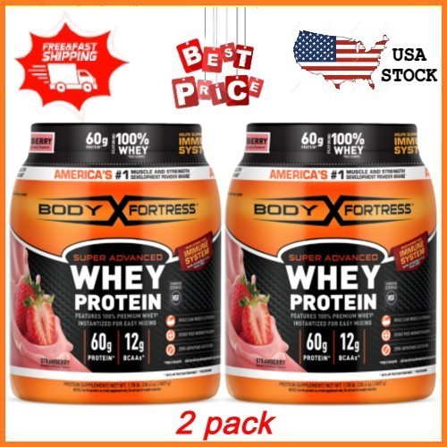 2 pack Body Fortress Super Advanced 100% Premium Whey Protein Powder, Strawberry