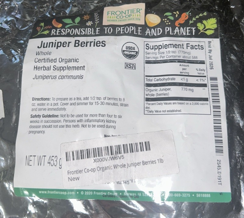 Frontier Co-op ~ Juniper Berries ~ Whole ~ 1 Lb ~ Sealed ~ Exp.07/2026