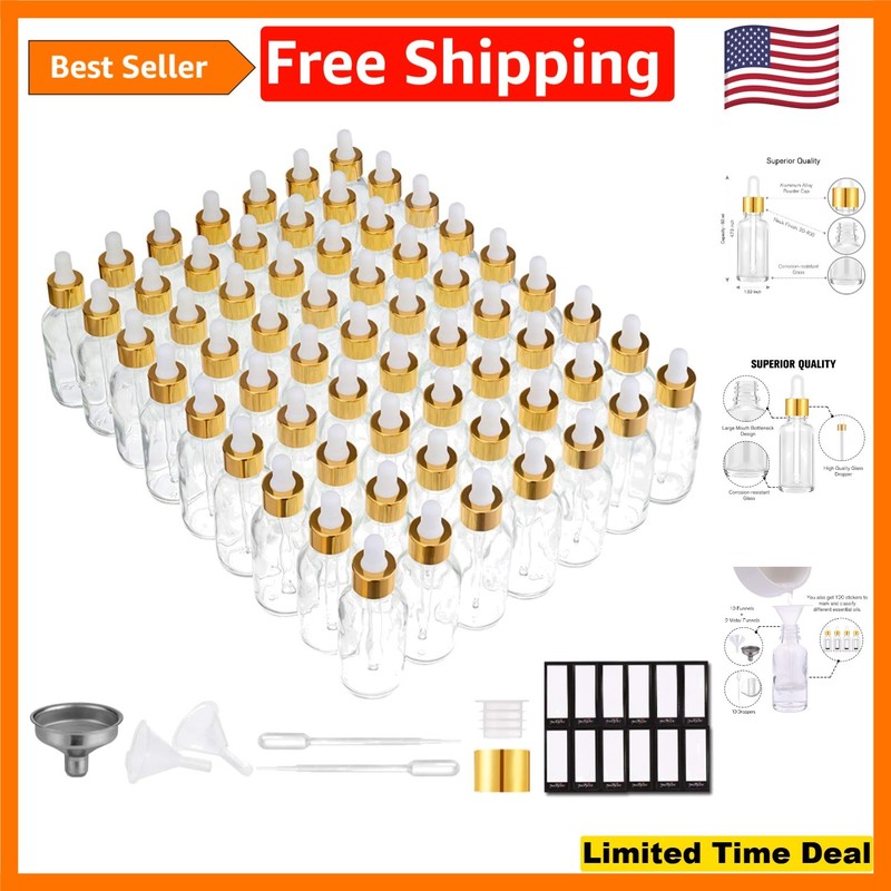 Bulk 63 Pack 2oz UV Resistant Glass Bottles with Golden Caps for Travel & DIY