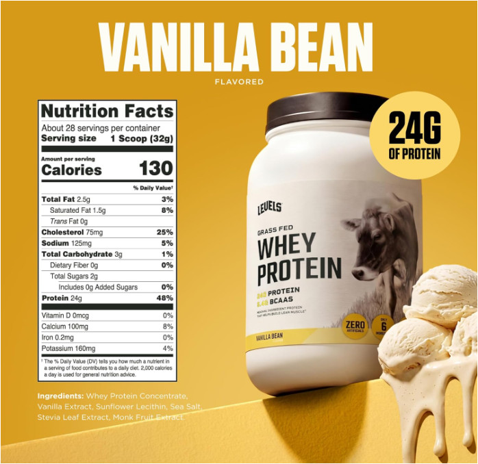 Levels Grass-Fed Whey Protein Powder, Vanilla Bean, 2 lb, 24g Protein gallery