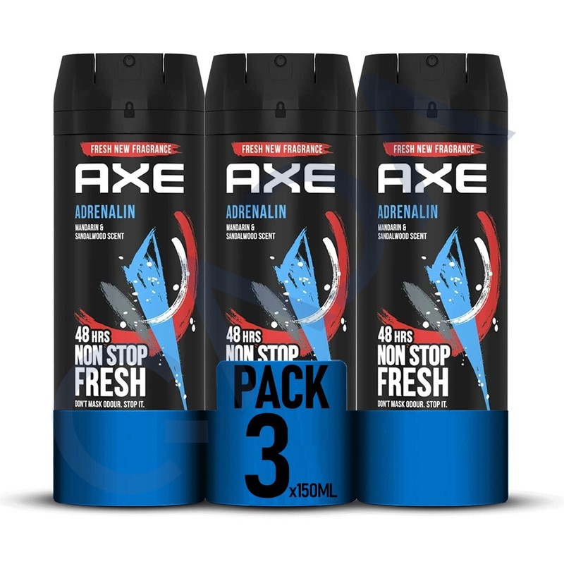 AXE Adrenalin 48-Hour Fresh Deodorant Body Spray Fragrance for Men 150ml -3 Pack