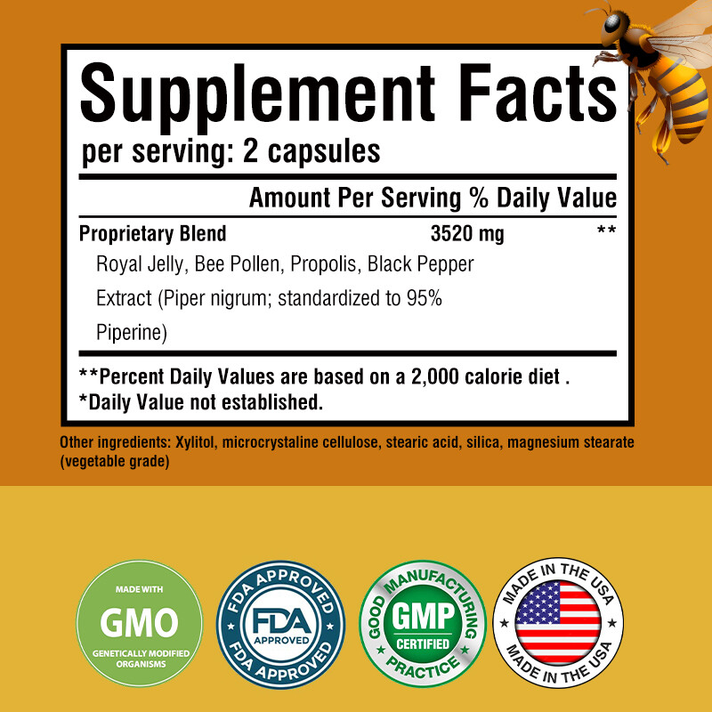 Bee Pollen 3520mg - with Royal Jelly, Propolis, Black Pepper - Enhance Immunity gallery