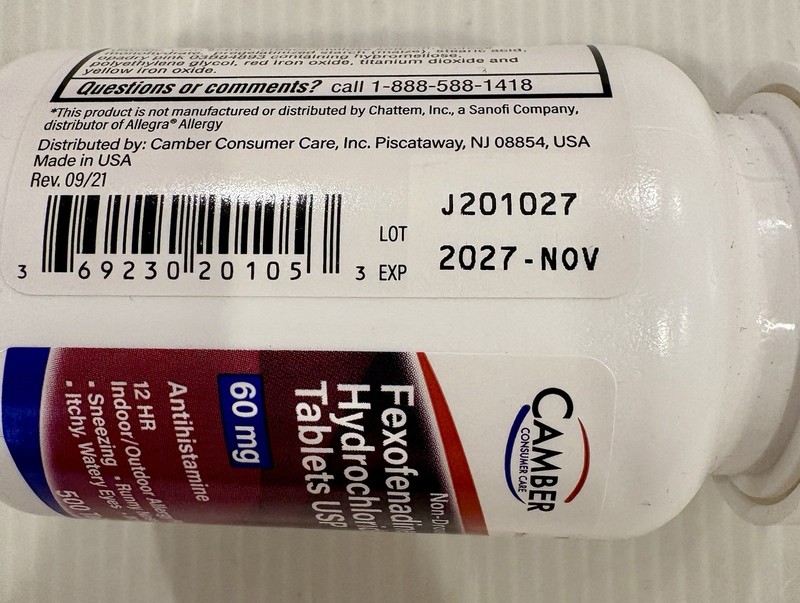 Camber 12 Hr Non Drowsy Fexofenadine Antihistamine 60mg 500 Tablets Exp 11/2027 gallery