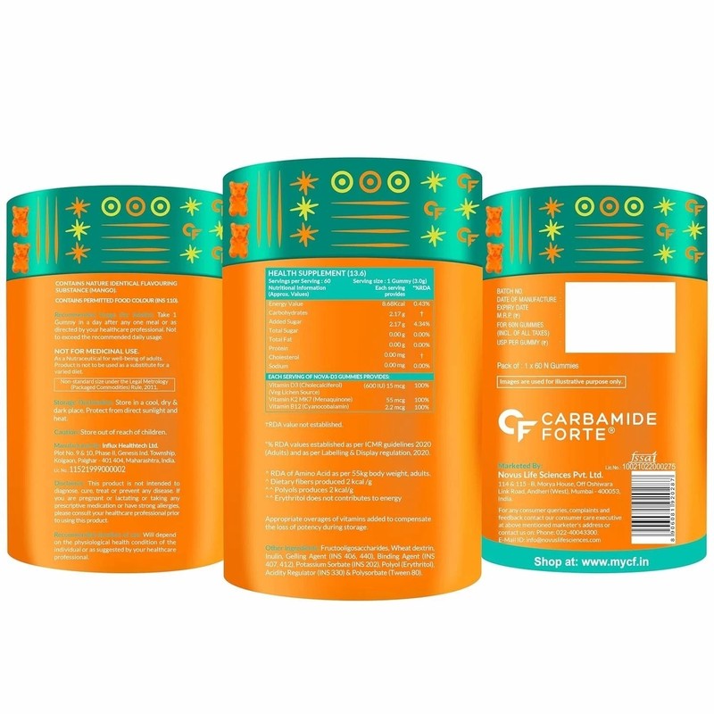 Carbamide Forte Vitamin D3 K2 MK7 & B12 Gummies Mango Flavour 60 Gummies gallery