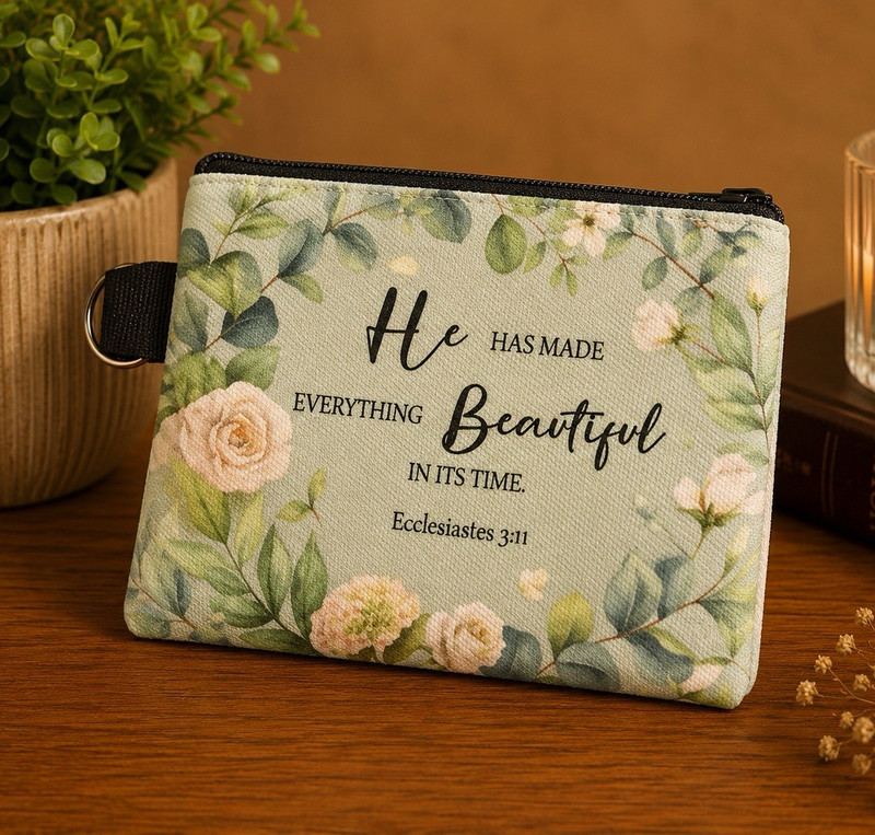 Green, Pink & White Floral Zipper Makeup Bag “He Has Made Everything Beautiful”