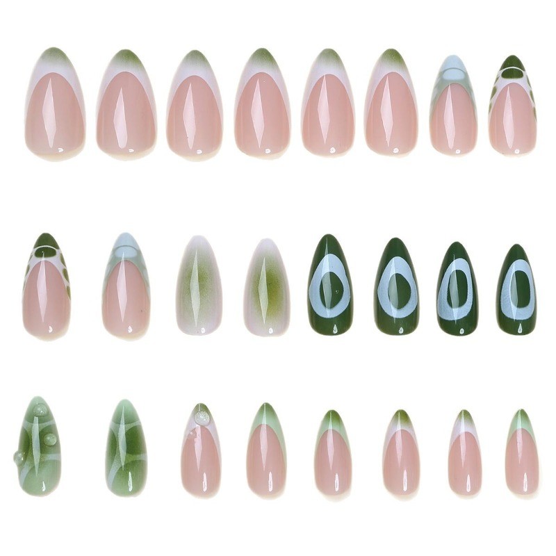 48Pcs-Olive Green Geometric Line Almond Press on Nails Minimalist Daily Nails gallery