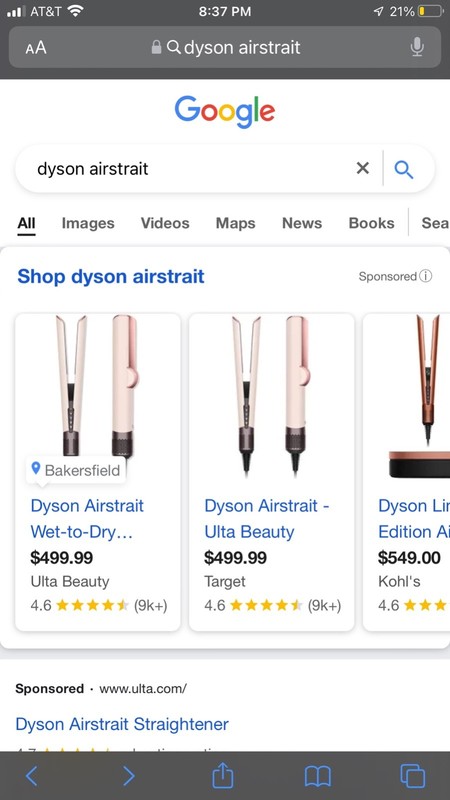 dyson air straight wet-to-dry straightener in sealed box.