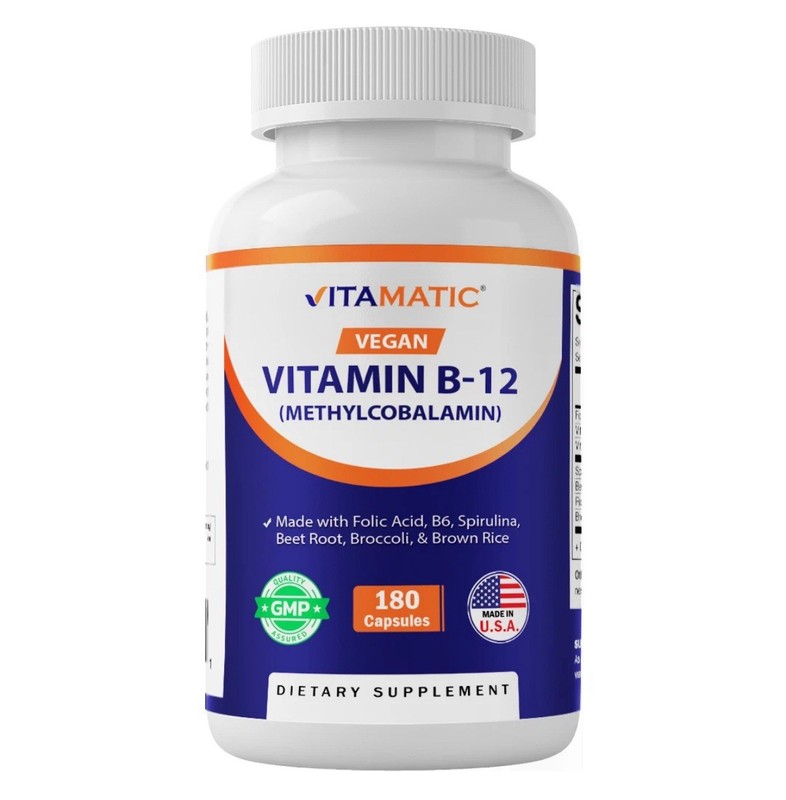 Vitamatic Vegan B12 1000 mcg – Methyl B12 with Folic Acid, Vitamin B6 – 180 Caps