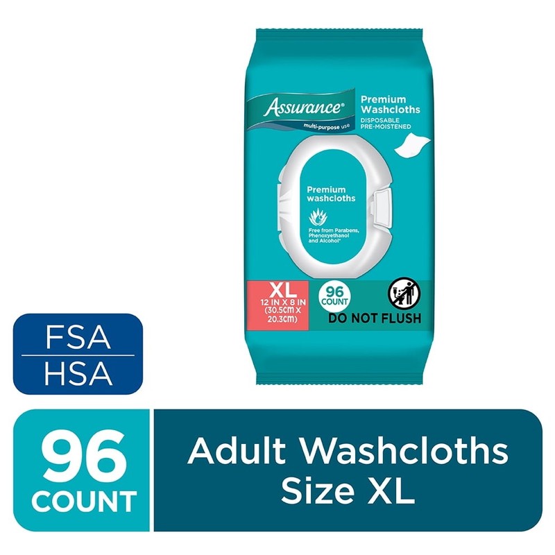 Assurance Premium XL Washcloths for Adults,Disposable & Pre-Moistened (96 Count)