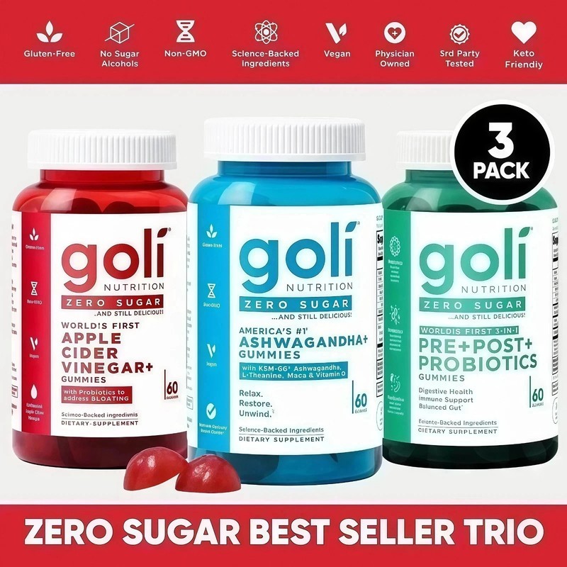 NEW 2026 Goli Zero Sugar Best Seller Trio Pack – 3 Bottles 60 Gummies Bottle