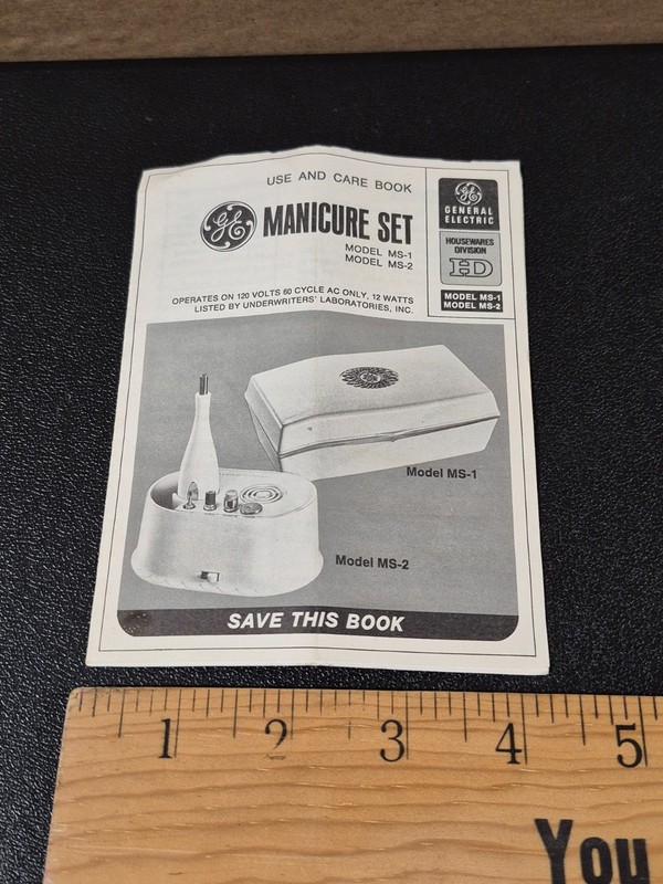 Vintage GE General Electric MS-1 MS-2 Manicure Set Manual – Use and Care Book