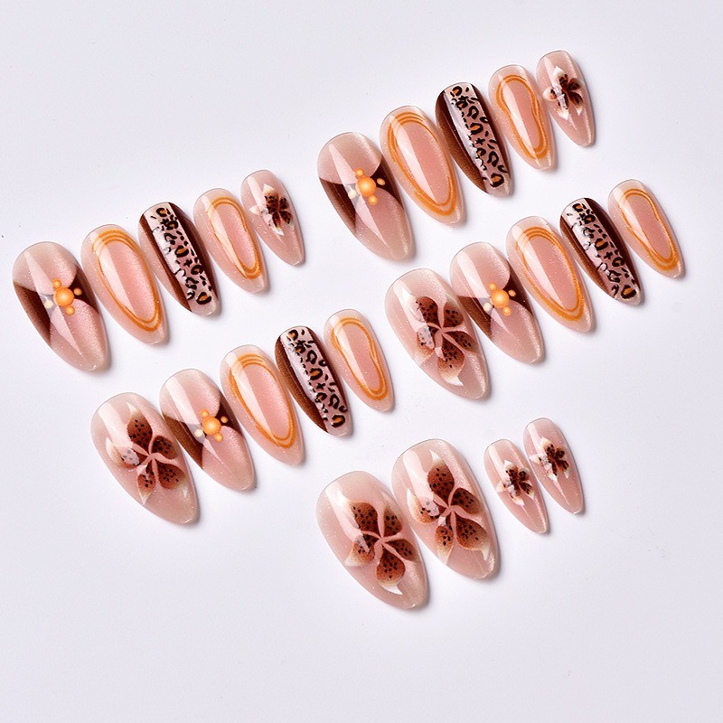 48Pcs-Leopard Print Brown Flower Almond Press on Nails Pearl Retro Autumn Nails gallery