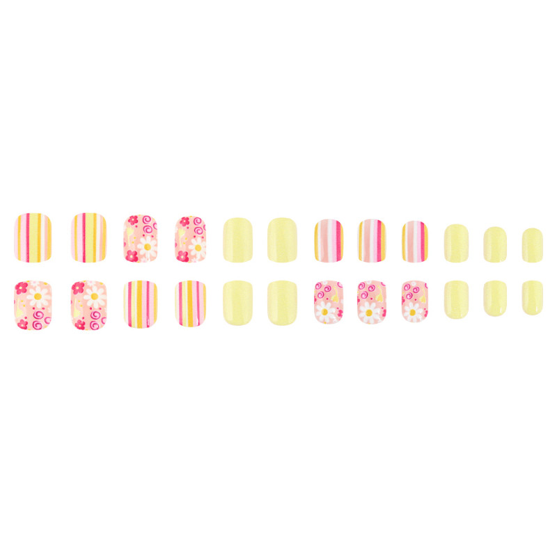 48Pcs Short Square Nails, Yellow White Stripe & Daisy Flower gallery