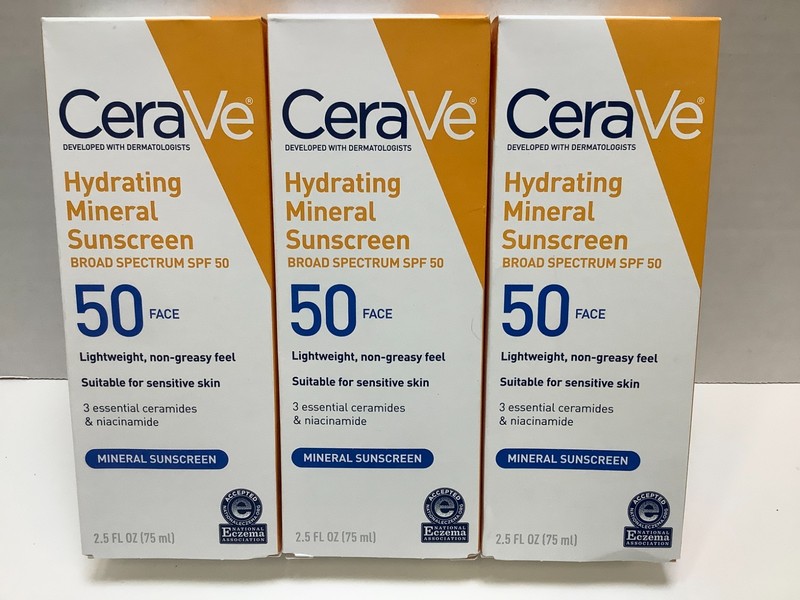 CeraVe Hydrating Mineral Face Sunscreen, SPF50, 2.5oz, Exp. 04/2027, 3pk
