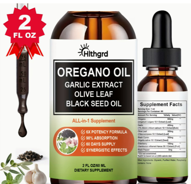 Hlthgrd 6-In-1 Oil of Oregano with Black Seed Oil Oral Drops with Oregano Oil Ga