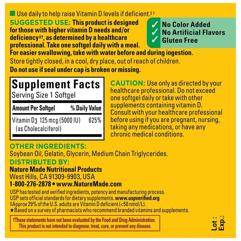 Nature Made Extra Strength Vitamin D3 5000 IU (125 mcg) Softgels, 100 Count, 1PK gallery