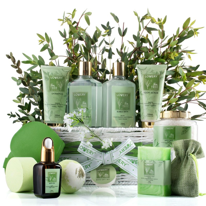 Tea Tree Bath Set – Luxury Aromatherapy – Calming Mint Fragrance – 15 pc Basket