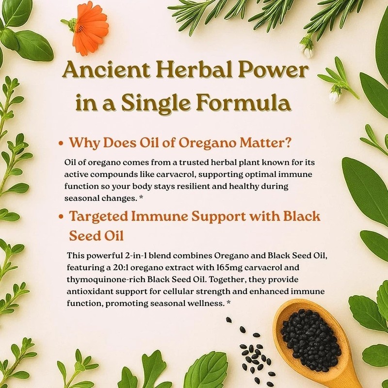 2 in 1 Oil of Oregano & Black Seed Softgels Count with Carvacrol,Immune Support gallery