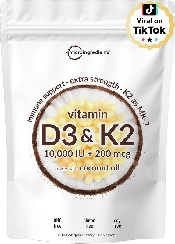 Vitamin D3 10000 iu Plus K2 (MK-7) 200 mcg, 300 Virgin Coconut Oil Softgels NEW