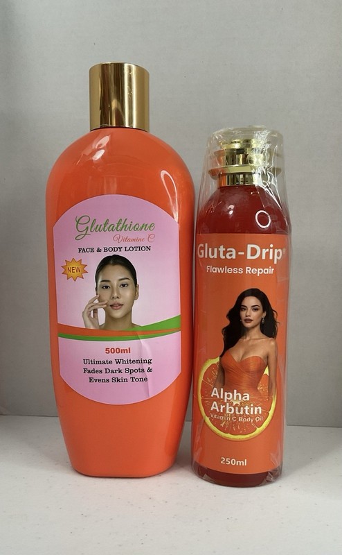 Glutathione VitaminC Face&Body Lotion+Gluta-Drip Flawless Repair Whitening Oil.