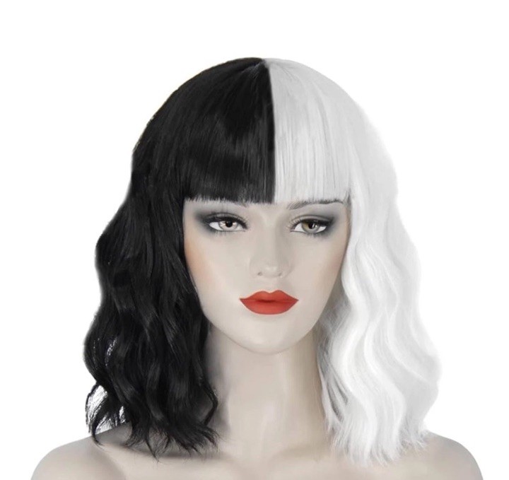 14″ Short Curly Bob Black White Wavy Cruella Deville Wig Halloween Cosplay