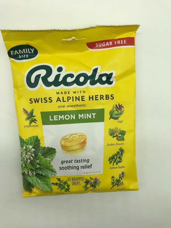 Ricola Sugar Free Lemon Mint Oral Anesthetic. Soothing Relief. EXP: Aug/18/2024.
