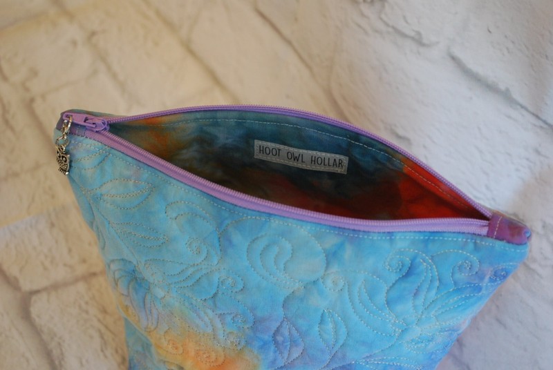 Hand Dyed Quilted Cosmetic Bag, Blue, Pink, Purple, Flowers gallery