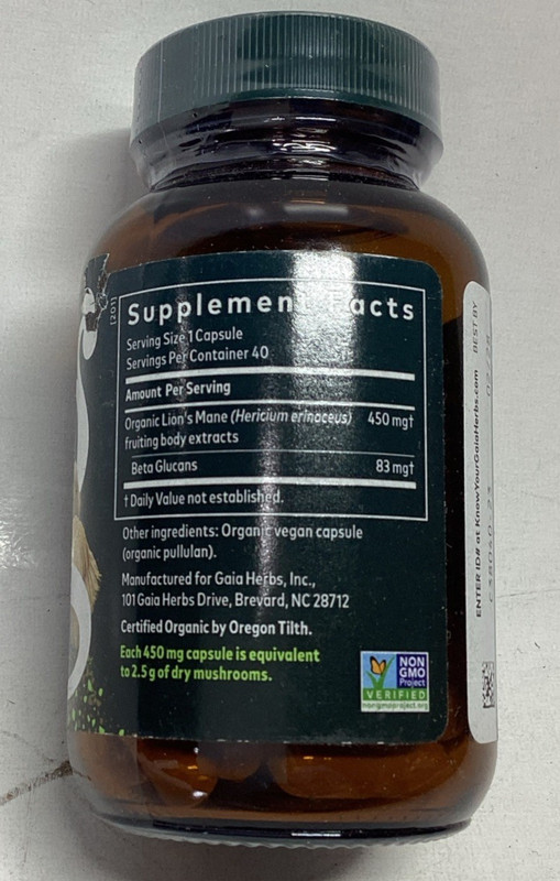 Gaia Lion's Mane Mushroom Vegan Caps 40/Bottle Exp 02/28 gallery