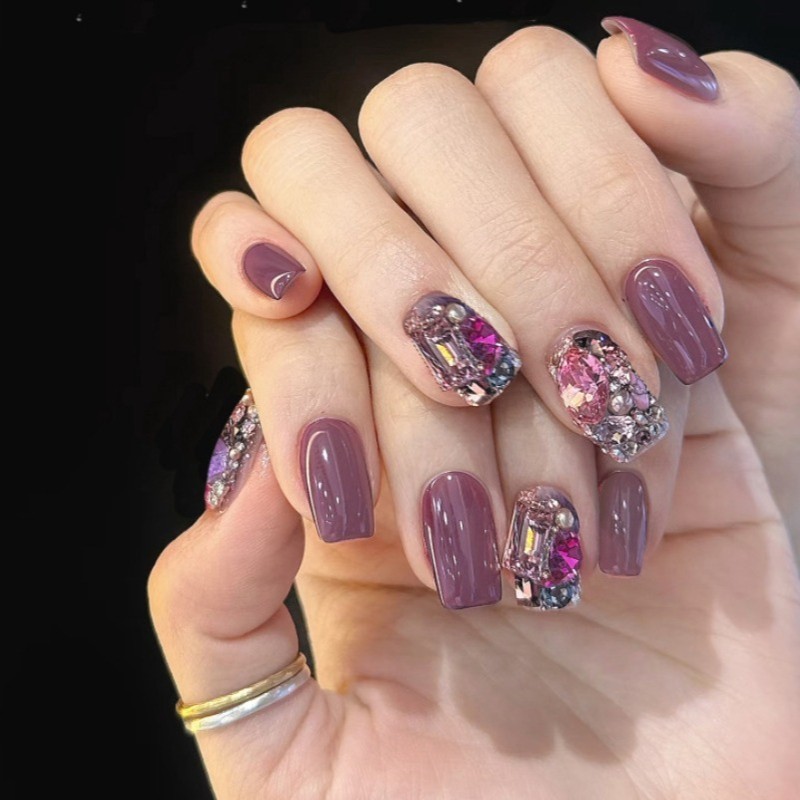 48Pcs-Luxury Square False Nails Dusty Purple Crystal Rhinestone Press on Nails
