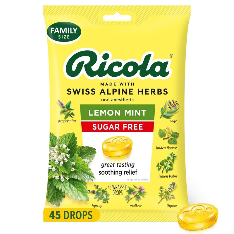 Ricola Sugar Free Lemon Mint Throat Drops, 45 Count, Refreshing Relief From Mino