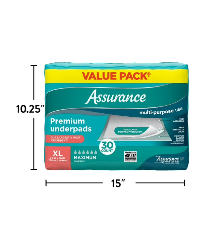 Assurance Unisex Premium Underpad for Adults, XL , Maximum Absorbency (30 Count) gallery