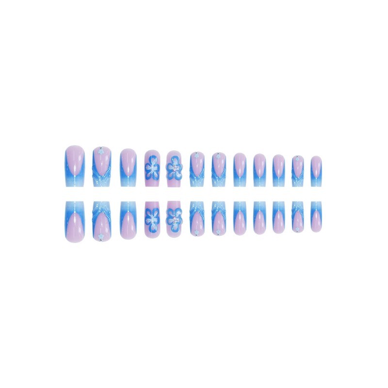 48Pcs-Summer Hand & Toe Coffin Nails Blue Wave 3D Flower Rhinestone Press on Set gallery