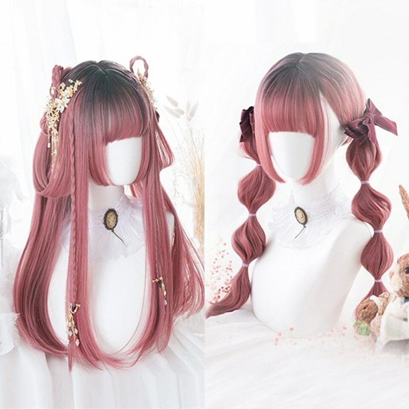 Long Wavy Ombre Black White Pink Heat Resistant Synthetic Lolita Wigs Halloween gallery