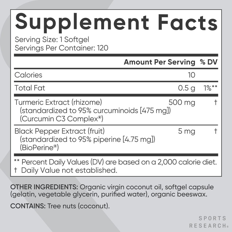 Turmeric Curcumin C3 Complex 500mg + Black Pepper + Coconut Oil (120 softgels) gallery