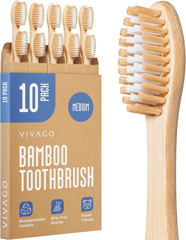 VIVAGO 10PCS Bamboo Toothbrushes for Adults BPA Free Medium Soft