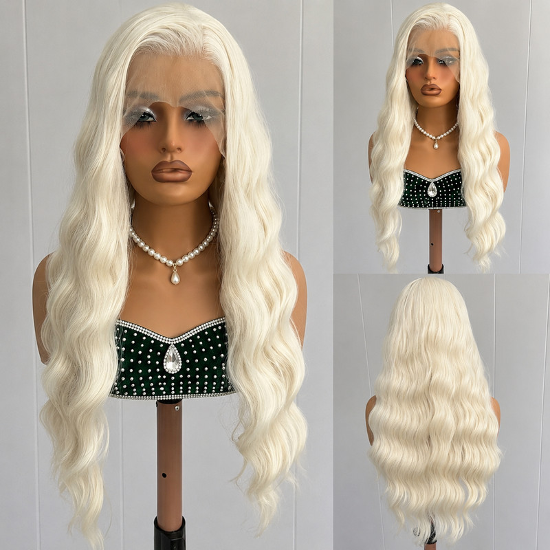 Long Wavy Soft Heat Resistant Hair Bleach blonde Women Lace Front Wig