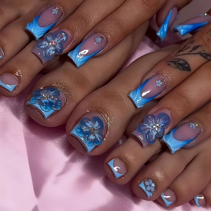 48Pcs-Summer Hand & Toe Coffin Nails Blue Wave 3D Flower Rhinestone Press on Set gallery