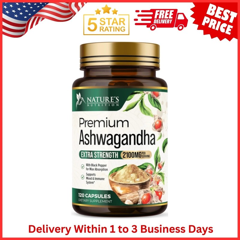 Organic Ashwagandha Capsules 2100mg Supplement w/ Black Pepper Root Powder