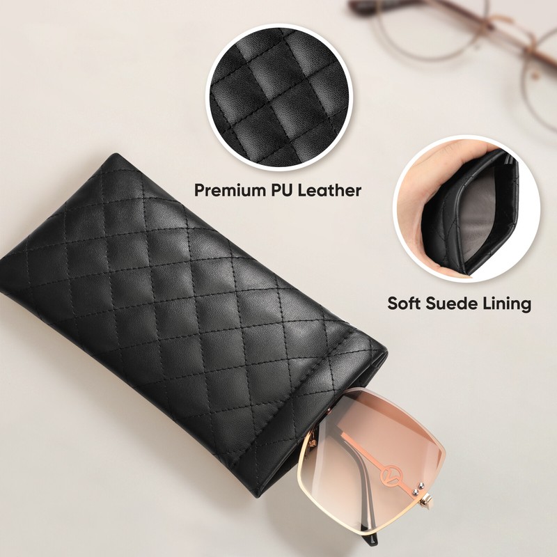 Eyeglasses Pouch with Cleaning Cloth, Portable Squeeze Top Vegan Leather Case gallery