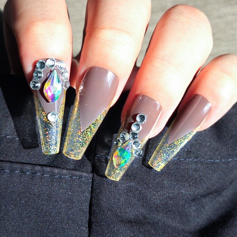 48Pcs-Brown Gold Glitter V-tip Teardrop Crystal Long Stiletto Press on Nails gallery