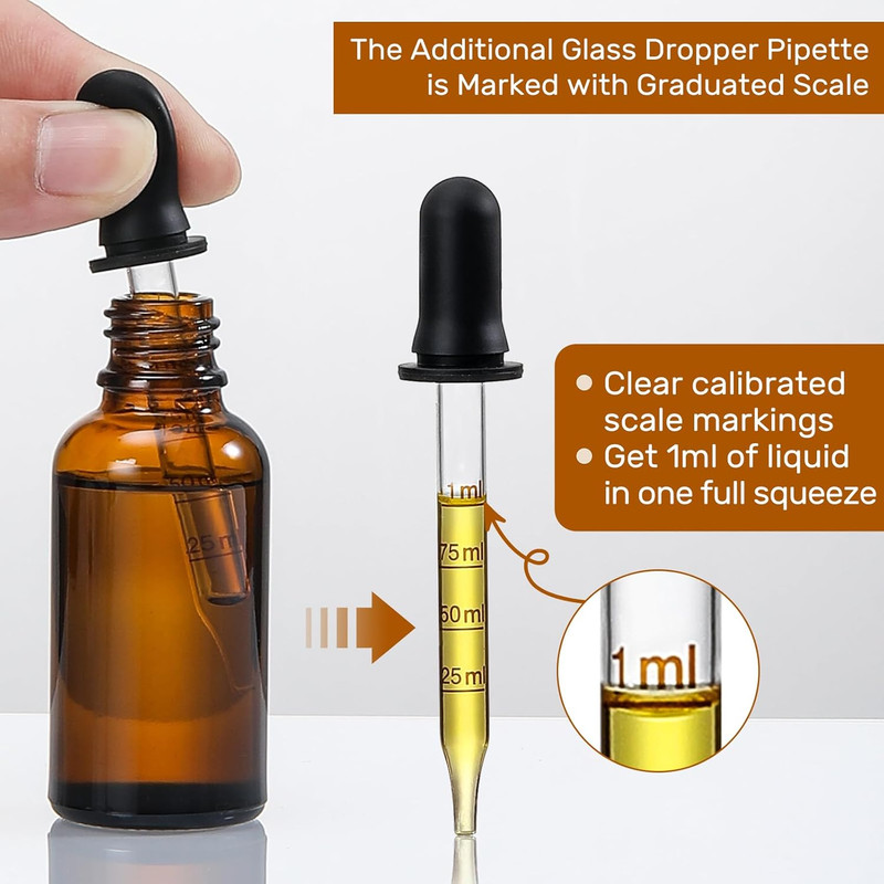 4 Pack, 1 Oz Amber Glass Dropper Bottles plus 2Pcs Graduated Calibrated Glass Pi gallery