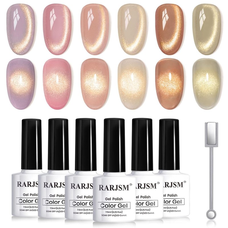 Gold Glitter Cat Eye Gel Nail Polish Set 6Pcs Nude Pink Light Purple Brown Gray