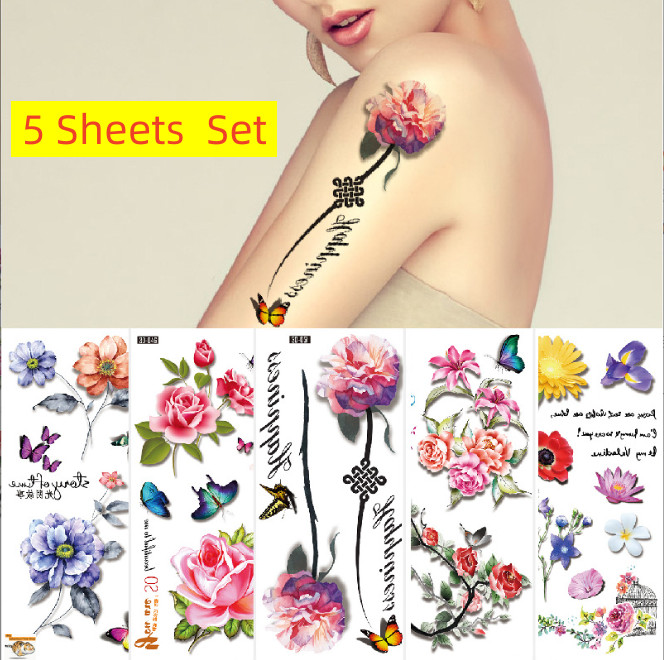 5 Sheets/Set Temporary Fake Tattoo Stickers Waterproof Flowers Arm Body Art