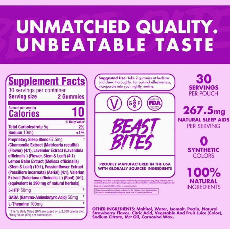 3 packs Beast Bites Valerian Sleep Gummies 5-HTP GABA L-Theanine Made in USA 30 gallery