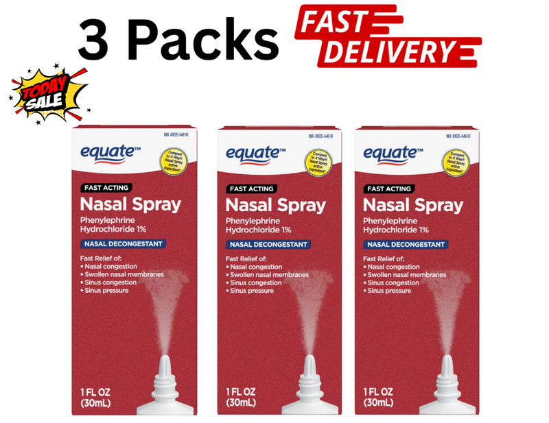 3 Pack Equate Nasal Four Nasal Spray 1% Phenylephrine HCl 1oz Fast Relief