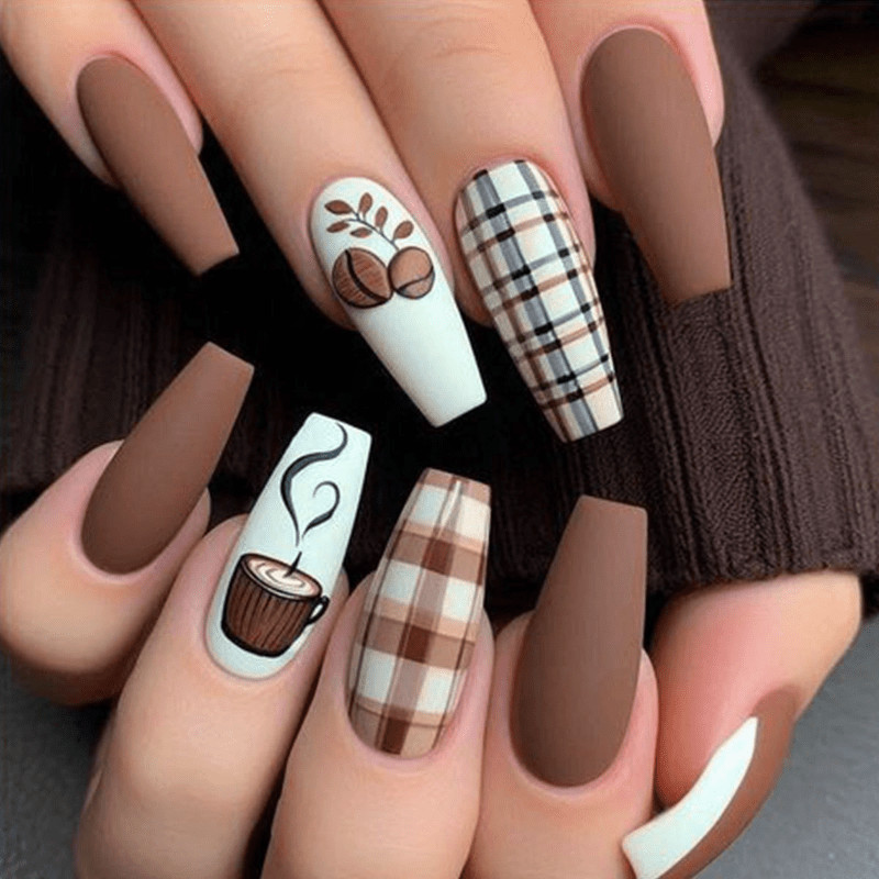 48pcs Long Coffin Matte Coffee Bean Cup Plaid Fall Seasonal Press on Fake Nails