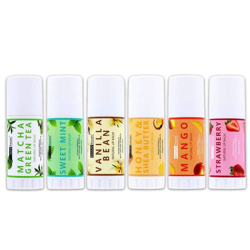 Beauty Treats Natural Lip Balm Set of 6 Scents Honey & Shea Butter, Sweet Mint,