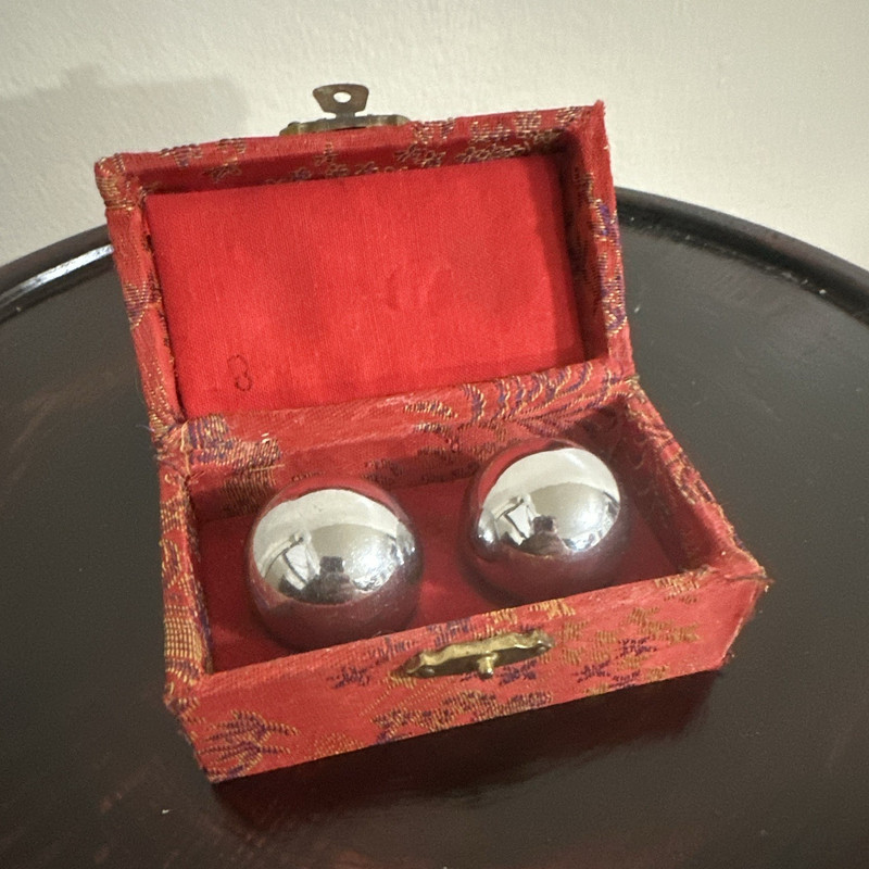 2 Metal Rolling Massage Balls Manual Set, Silver, Red Box/Case 4x2x2 in