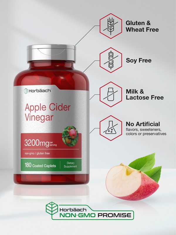 Apple Cider Vinegar 3200mg | 180 Caplets | Vegetarian, Non-GMO | by Horbaach gallery